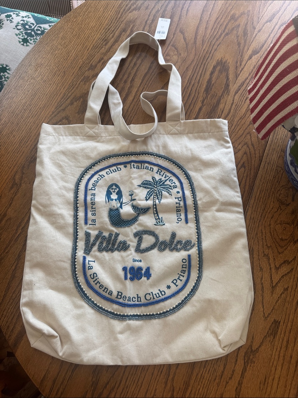Anthropologie Cream Canvas Tote with Blue Graphic